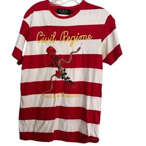 Civil Regime Men's Red White Embroidered Snake And Flower Stripes T-Shirt Size M
